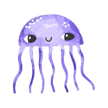 Komik mavi denizanası. Su altı deniz yaşamı İskandinav tarzında basit bir çizim. İzole edilmiş arka grupta el çizimi medusa illüstrasyonu