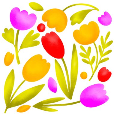 Bahçe. Çiçek açan bahar çiçekleri. Parlak botanik koleksiyonu. İzole bitkiler. Yazın çizilen el çizimi