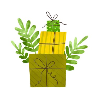 Sarı ve yeşil hediye kutularıyla kış tatili kompozisyonu. Dalları ve yaprakları olan hediyeler. İzole edilmiş arkaplanda elle çizilmiş karikatür çizimi