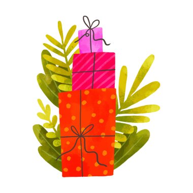 Parlak kırmızı ve pembe hediye kutularıyla kış tatili kompozisyonu. Dalları ve yaprakları olan hediyeler. İzole edilmiş arkaplanda elle çizilmiş karikatür çizimi