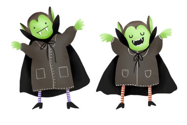 Cadılar Bayramı için çizgi film karakteri. Korkunç dişleri olan bir grup korkunç vampir. İzole edilmiş arka planda el çizimi çocuk koleksiyonu çizimi. Çıkartmalar, tasarım ve baskı için ideal