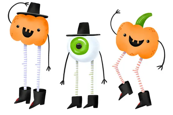 stock image Cute pumpkins and eyeballs with arms and legs. Set of cartoon characters for Halloween. Halloween holiday. Children's scary hand drawn illustration on isolated background