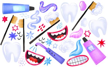 Ağız bakımı için bir takım aletler. Diş fırçası, macun ve dişleri olan çocuklar için çizgi film koleksiyonu. Diş hekimi ve oral sağlık