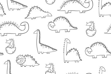 Doodle dino ile el çizimi kusursuz bir arka plan. Komik dinozor Rex çizgi filmi. Sonsuz özgeçmiş. Tekstil ve kreş için yenidoğan tasarımı