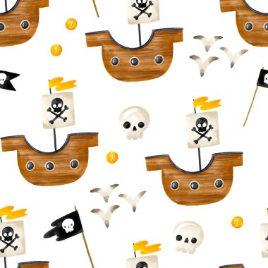 Eski ahşap korsan gemilerinde sembolik desenler. Deniz taşımacılığı. El çizimi çocuksu arkaplan