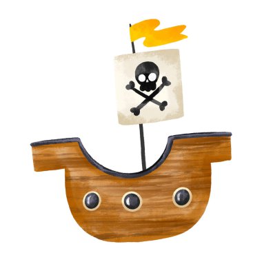 Büyük ahşap korsanlar, kafatası görüntüsü olan bir gemi. İzole edilmiş arka planda el çizimi izole tekne çizimi. Suyla seyahat etmek.