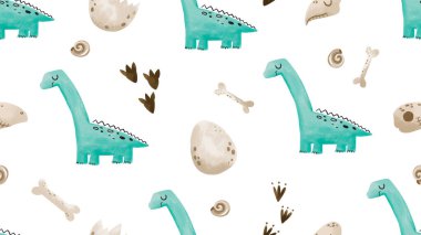 Yeşil dinozor ve arkeolojik kazıların kusursuz deseni. Kafatasları ve kemikleri, eski bir dinozorun yumurtaları. Yeni doğanlar ve dinazorlu çocuklar için hoş bir geçmiş.
