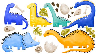 Bir grup renkli dinozor. Karikatür el, izole edilmiş arka planda suluboya dino, Rex çizimi. Yazdırma ve çıkartmalar için komik çocuksu tasarım