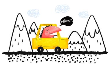 Dinozor sürücüsü dağların arasında bir arabayla seyahat ediyor. İzole bir arka planda T-Rex 'li şirin bir illüstrasyon. Karikatür kompozisyonu kartpostalı