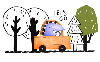 Dinozor sürücüsü bir peri ormanında arabayla seyahat eder. İzole bir arka planda T-Rex 'li şirin bir illüstrasyon. Karikatür kompozisyon kartpostalı. Çocuk odası için ideal.