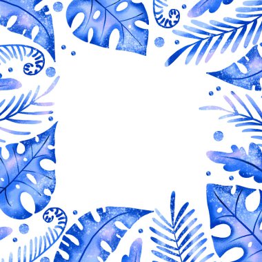 Mavi orman yaprakları, palmiye yaprakları, canavarlar ve dallarla kaplı kare kenarlı bir çerçeve. İzole edilmiş arkaplanda el çizimi kart