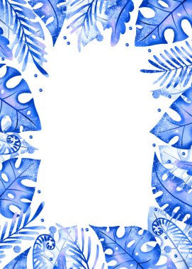 Mavi orman yapraklı dikey sınır çerçevesi, palmiye yaprakları, canavarlar, dallar. İzole edilmiş arkaplanda el çizimi kart