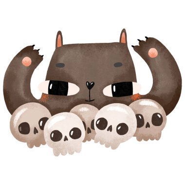 Bir yığın insan kafatasıyla siyah bir kedinin portresi. Cadılar Bayramı için çizgi film çizimi. Sonbahar kartı. İzole edilmiş arkaplanda elle çizilmiş illüstrasyon