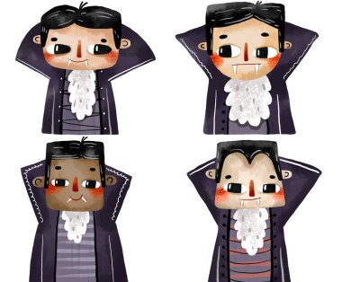 Bir vampirin portresi. Çizgi filmde kostüm pelerini giyen bir vampirin resmi çizilmiş. Maskeli balo. Cadılar Bayramı için çocuklar için izole edilmiş bir illüstrasyon. Çocuk partisi için davetiye.