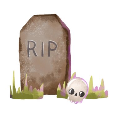 Mezar taşı ve kafatasıyla birlikte. Cadılar Bayramı için bir resim. Çocuk eli çizimi