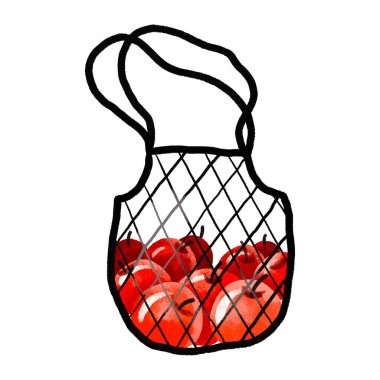 Elmalı ağ torbası. Meyveler eko torbasında. Çevre dostu ambalaj. İzole edilmiş arkaplanda elle çizilmiş karikatür çizimi