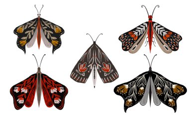 Parlak kanatlı el kelebekleri. Böcekli, yapraklı ve çiçekli yaz tasarımı. Dekor, baskı, tekstil ve ambalaj kağıdı için arkaplan.
