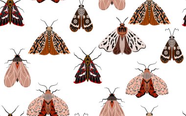 Kelebekli kusursuz desen ve boyalı kanatlı güveler. Böcekli desen. Dekor, baskı, tekstil ve ambalaj kağıdı için arkaplan.