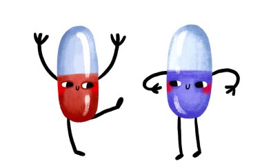 Two colored pills. Cartoon hand drawn illustration on isolated background. clipart