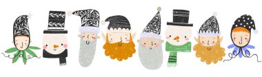 Noel karakterleri koleksiyonu, elf, kardan adam, cüceler ve Noel Baba. Kış kartı. Mutlu yıllar ve mutlu Noeller. İzole edilmiş arkaplanda çocukların çizimi
