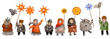 Christmas carolers set. Ukraine traditional Christmas carols Nativity Scene costumes. Children in Ukraine singing of Christmas carols in Christmastide on isolated background clipart