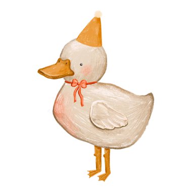 Parti şapkalı ve fiyonklu ördek yavrusu. İyi ki doğdun İzole bir arkaplanda el çizimi çizimi