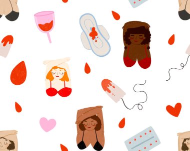 Kusursuz desenli çizgi film regl ürünleri. Feminist vücut pozitiftir. Tampon, kan, ped ve regl kupası. Kadın hijyeni. El çizimi izole illüstrasyon