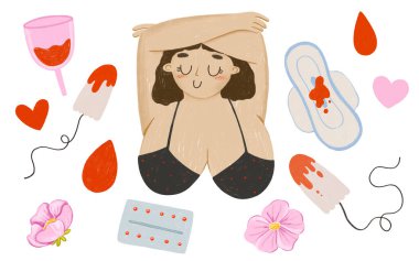 Vücut pozitifliği. Karikatür adet dönemi ürünleri. Tampon, kan, ped ve regl kupası. Kadın hijyeni. El çizimi izole illüstrasyon