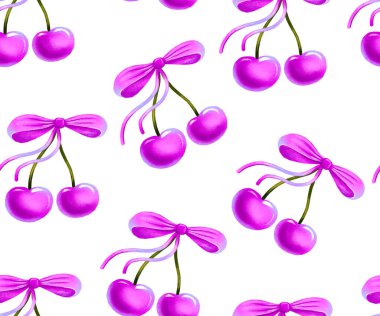 Kirazlı kusursuz desen. Fiyonklu böğürtlen. Bahar ve yaz, kız şablonu. Çocuklar için el çizimi arka plan, kreş, duvar kağıdı, tekstil