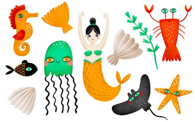 Set of sea inhabitants. Beautiful mermaid, seahorse, lobster, crab, jellyfish. Underwater world. Hand-drawn children's illustration clipart