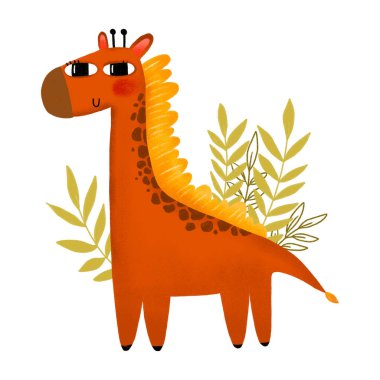 Cartoon giraffe illustration. Wild life and Savannah animal with branches and leaf. Hand drawn card clipart