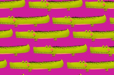 Orman timsahıyla birlikte egzotik, pürüzsüz arka plan. Pembe desen. Kız için el çizimi desen. Çocuk odası, tekstil, ambalaj kağıdı, kıyafetler.