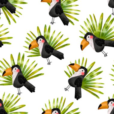 Egzotik Tukan kuşunun kusursuz bir geçmişi var. Orman kuşu. Vahşi hayat. El çizimi çizgi film deseni