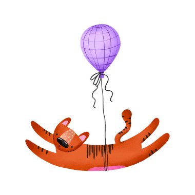 Tifer, helyum menekşe rengi balon çizimi üzerinde uçar. Orman illüstrasyonu. Tropik bir hayvan. İzole edilmiş arka planda elle çizilmiş bir canavar. Yeni doğan erkek bebek duş kartı. 