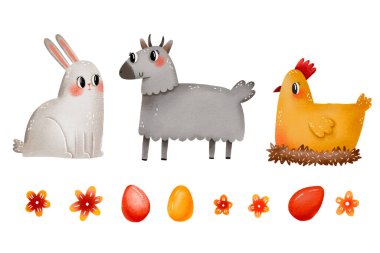 Paskalya hayvanları. Keçi, tavşan ve yumurtalı tavuk ve çiçek. Çiftlik hayvanları. İzole edilmiş arkaplanda elle çizilmiş illüstrasyon