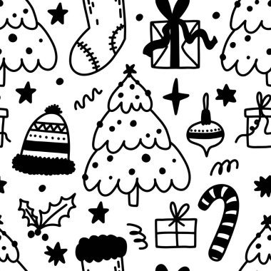 Yılbaşı ve Noel 'de ağaç, çorap ve hediyeler kusursuzdu. İyi tatiller. Kış karalaması basit desen. Tekstil, kağıt, dekor için sonsuz arkaplan