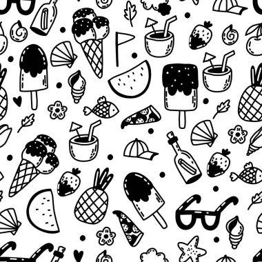 Kusursuz arkaplan vektörü yaz seti. Yaz tatili. Tatillerde. El çizimi karalama çizimi. Peçeteler, masa örtüleri, tekstil, çocuk odaları, ambalajlar, giysiler için desen
