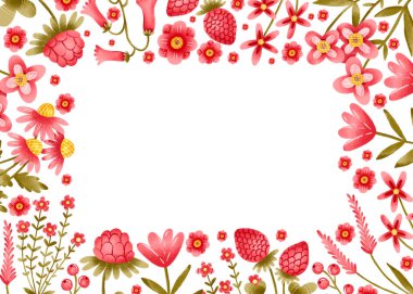 Yatay sınır çerçevesi yabani çiçekler el bitkileri, çiçek açan bitkiler, izole edilmiş arka planda çiçekler. Boyanmış botanik illüstrasyon. Davetiye ve kart