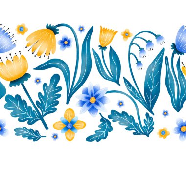 Sınır desenli çizgi film çiçekleri. Mavi ve sarı kır çiçekleri. İzole edilmiş arka planda el çizimi botanik çizimi. Çiçeksiz arkaplan