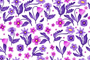 Çizgi film çiçekleri kusursuz desen. Mor çiçekler. Bahar çiçeği arkaplanı. El çizimi izole bir resim. Mor kır çiçekleri. Çiçek dalları.