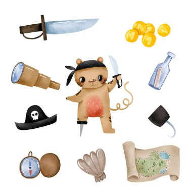 Çizgi film korsan kaplanı ve eski harita, şapka, altın paralar ve hazine. Çizgi film deniz seti. El çizimi izole Clipart