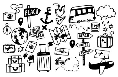 Uçak yolculuğu koleksiyonu. Bavul, harita, fotoğraf, pasaport, kamera, işaretler. El çizimi vektör kümesi