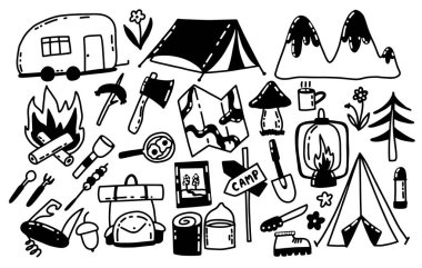 Kamp el çizimi vektör seti harita, araba, şenlik ateşi, sırt çantası, çadır. Yürüyüş, orman, dağlar. Koleksiyon