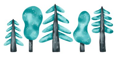 Kış kar ağaçları. Karlı ağaç, köknar, ladin. Evergreen ağacı. İzole edilmiş arkaplanda elle çizilmiş illüstrasyon