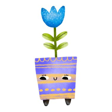 Blue cartoon  flower tulip  bouquet in flowerpot with eyes. Blossom Spring house plant. Gardening hand drawn illustration on isolated background clipart