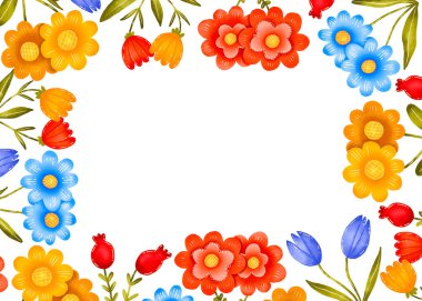 Çiçeklerle süslenmiş yatay kenar çerçevesi. Bahar çiçeği kartı. Çiçekli davetiye. Düğün tasarımı