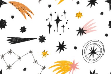 Kusursuz desenli yıldızlar, burçlar, uzay. Çocuklar için sonsuz bir arka plan çizdim. Çocuk tasarımı, tekstil, ambalaj kağıdı