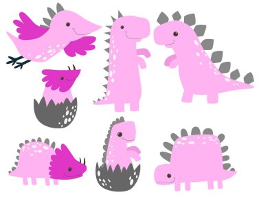 Pembe karikatür dinozor. Dino canavar çizgi film kızı çocuksu vektör çizimi. Komik sanat. Eski hayvanlar. Yeni doğan seti