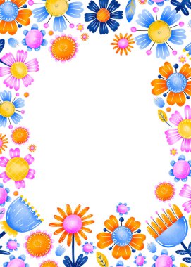 Dekoratif parlak çiçekli dikey kenar çerçeve. Çiçek kafalar. Tebrik kartı, ivitasyon. Bahar ve ilkbahar posteri. El çizimi karikatür çizimi