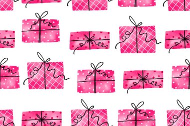 Pembe hediye kutuları kusursuz desen. Tekstil, baskı, ambalaj kağıdı ve hurda için sonsuz bir arka plan. El çizimi çizgi film arkaplanı